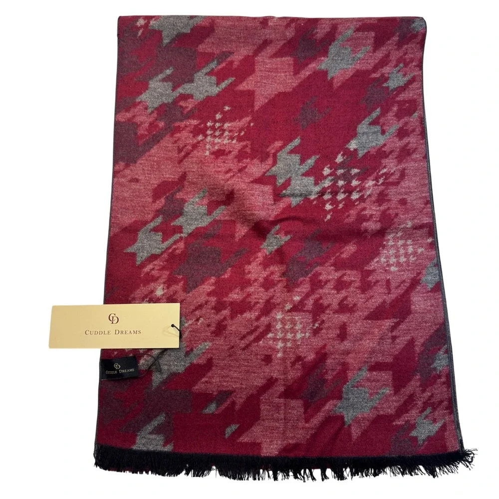 Cuddle Dreams 100% Silk‎ Scarf Burgundy Red Grey Oversized Houndstooth Fringed